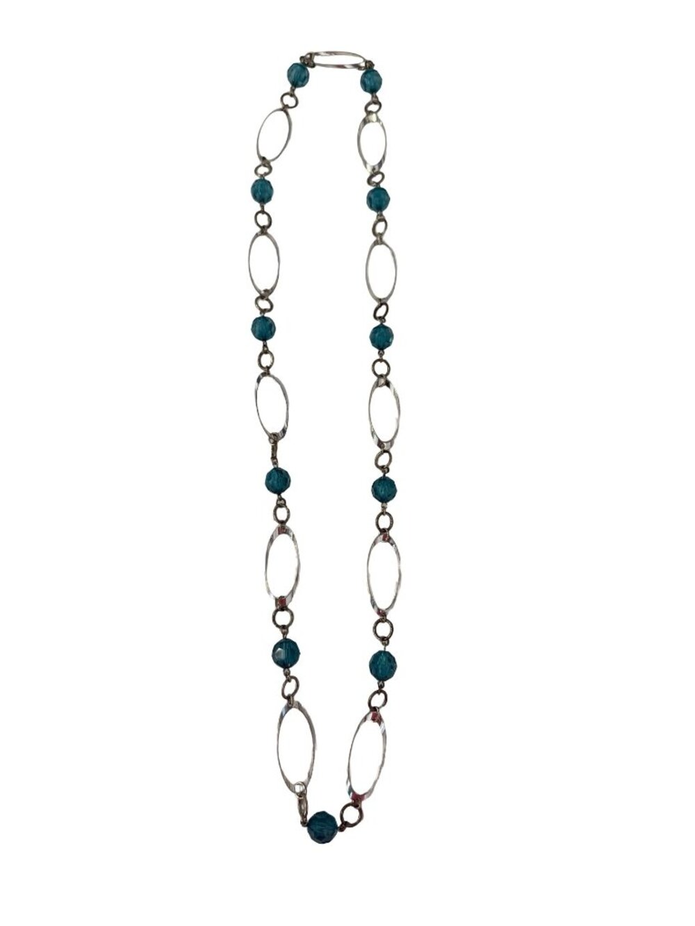 Vintage Teal Beaded Necklace Silver Tone Oval Link Necklace 30” Boho Statement J